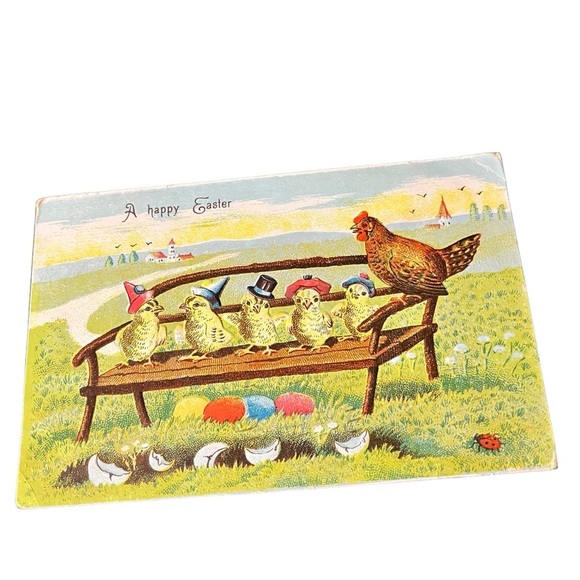 Vtg 1917 Postcard Anthropomorphic Chicks Rooster on Bench Colored Eggs Bucolic - Picture 2 of 9